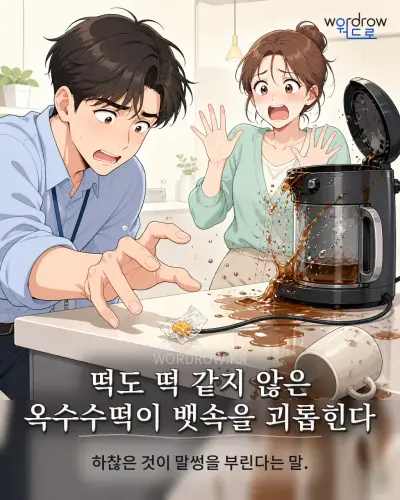 한국어 속담 “떡도 떡 같지 않은 옥수수떡이 뱃속을 괴롭힌다” 1컷 일러스트