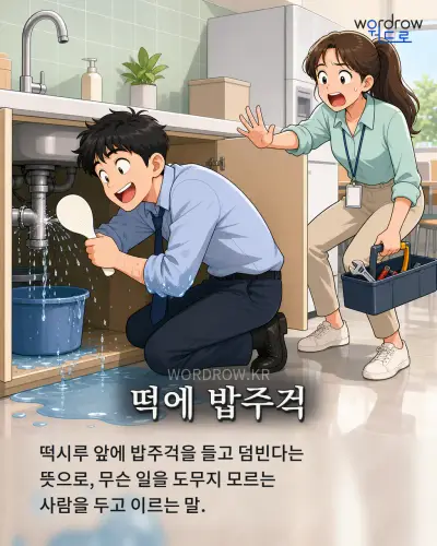 한국어 속담 “떡에 밥주걱” 1컷 일러스트