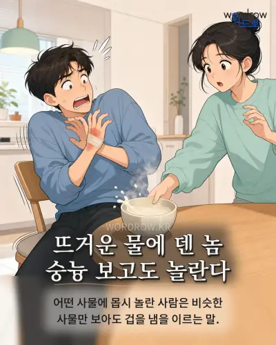 한국어 속담 “뜨거운 물에 덴 놈 숭늉 보고도 놀란다” 1컷 일러스트