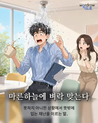 한국어 속담 “마른하늘에 벼락 맞는다” 1컷 일러스트