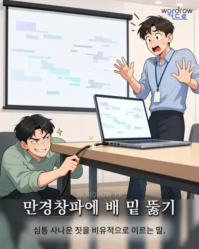 한국어 속담 “만경창파에 배 밑 뚫기” 1컷 일러스트