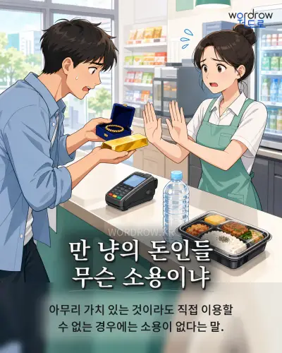 한국어 속담 “만 냥의 돈인들 무슨 소용이냐” 1컷 일러스트