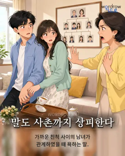 한국어 속담 “말도 사촌까지 상피한다” 1컷 일러스트