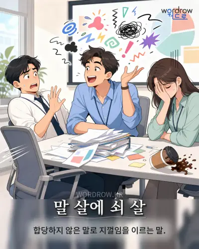 한국어 속담 “말 살에 쇠 살” 1컷 일러스트