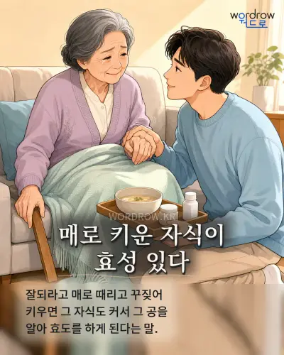 한국어 속담 “매로 키운 자식이 효성 있다” 1컷 일러스트