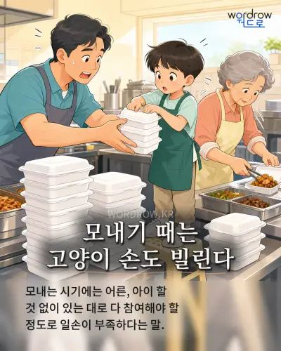 한국어 속담 “모내기 때는 고양이 손도 빌린다” 1컷 일러스트