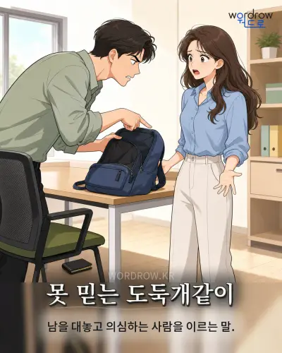 한국어 속담 “못 믿는 도둑개같이” 1컷 일러스트