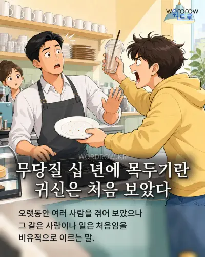한국어 속담 “무당질 십 년에 목두기란 귀신은 처음 보았다” 1컷 일러스트