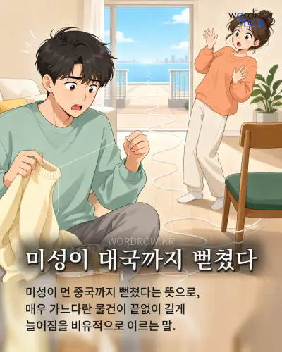 한국어 속담 “미성이 대국까지 뻗쳤다”를 한 장면으로 담은 1컷 일러스트