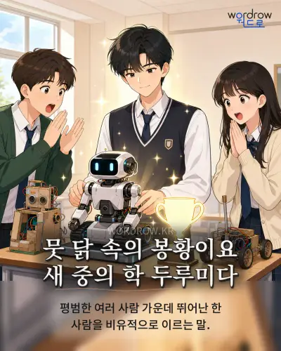 한국어 속담 “뭇 닭 속의 봉황이요 새 중의 학 두루미다” 1컷 일러스트