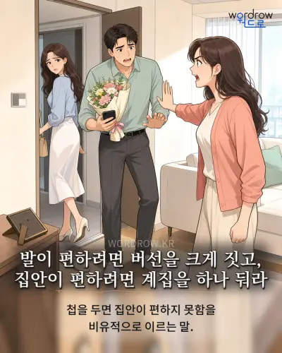 한국어 속담 “발이 편하려면 버선을 크게 짓고, 집안이 편하려면 계집을 하나 둬라” 1컷 일러스트