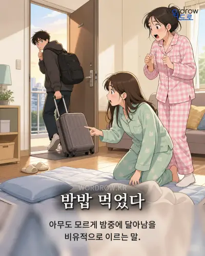 한국어 속담 “밤밥 먹었다” 1컷 일러스트