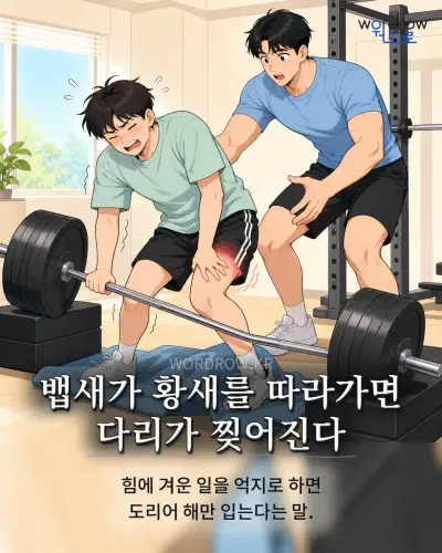 한국어 속담 “뱁새가 황새를 따라가면 다리가 찢어진다” 1컷 일러스트