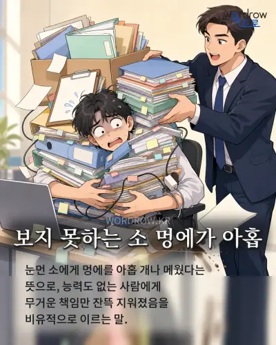 한국어 속담 “보지 못하는 소 멍에가 아홉” 1컷 일러스트