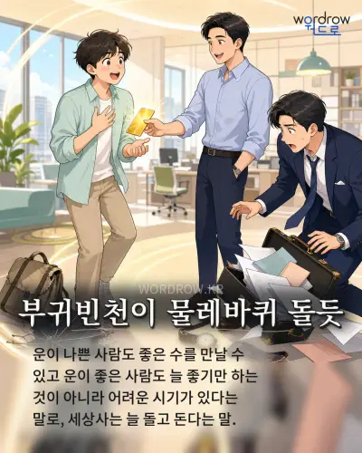 한국어 속담 “부귀빈천이 물레바퀴 돌듯” 1컷 일러스트