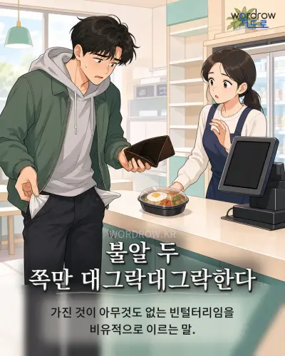 한국어 속담 “불알 두 쪽만 대그락대그락한다” 1컷 일러스트