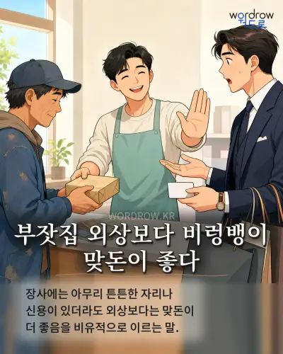 한국어 속담 “부잣집 외상보다 비렁뱅이 맞돈이 좋다” 1컷 일러스트