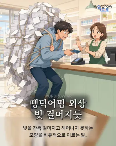 한국어 속담 “뺑덕어멈 외상 빚 걸머지듯” 1컷 일러스트