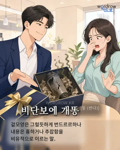 한국어 속담 “비단보에 개똥]” 1컷 일러스트