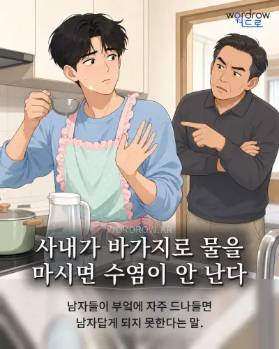 한국어 속담 “사내가 바가지로 물을 마시면 수염이 안 난다” 1컷 일러스트