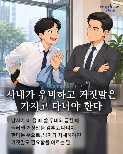 한국어 속담 “사내가 우비하고 거짓말은 가지고 다녀야 한다” 1컷 일러스트