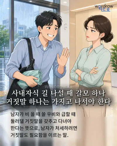 한국어 속담 “사내자식 길 나설 때 갈모 하나 거짓말 하나는 가지고 나서야 한다” 1컷 일러스트