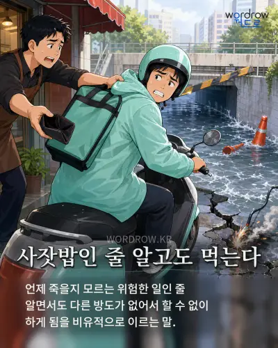 한국어 속담 “사잣밥인 줄 알고도 먹는다” 1컷 일러스트