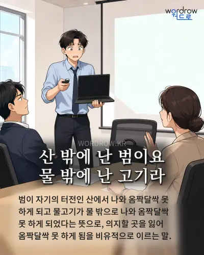 한국어 속담 “산 밖에 난 범이요 물 밖에 난 고기라” 1컷 일러스트