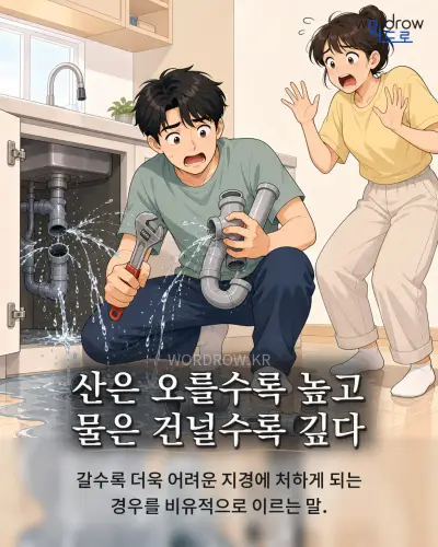 한국어 속담 “산은 오를수록 높고 물은 건널수록 깊다” 1컷 일러스트