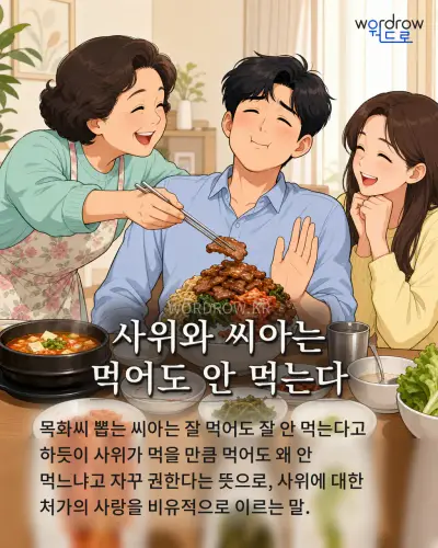 한국어 속담 “사위와 씨아는 먹어도 안 먹는다” 1컷 일러스트
