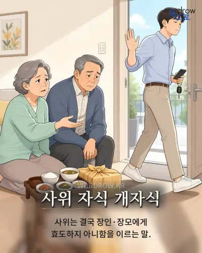 한국어 속담 “사위 자식 개자식” 1컷 일러스트