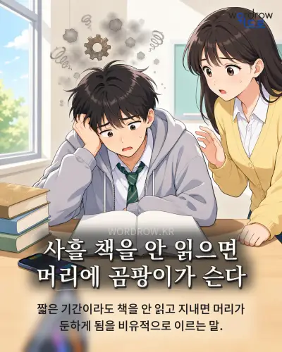 한국어 속담 “사흘 책을 안 읽으면 머리에 곰팡이가 슨다” 1컷 일러스트