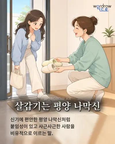 한국어 속담 “살갑기는 평양 나막신” 1컷 일러스트