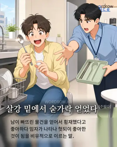 한국어 속담 “살강 밑에서 숟가락 얻었다[주웠다]” 1컷 일러스트