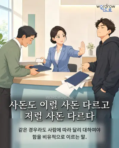 한국어 속담 “사돈도 이럴 사돈 다르고 저럴 사돈 다르다” 1컷 일러스트