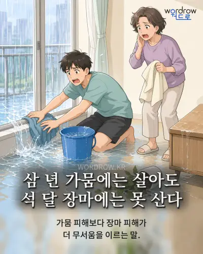 한국어 속담 “삼 년 가뭄에는 살아도 석 달 장마에는 못 산다” 1컷 일러스트