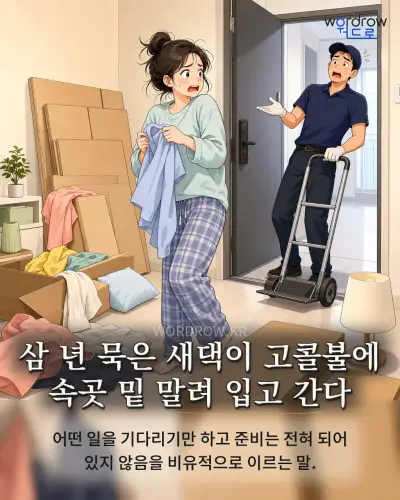 한국어 속담 “삼 년 묵은 새댁이 고콜불에 속곳 밑 말려 입고 간다” 1컷 일러스트
