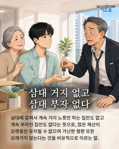 한국어 속담 “삼대 거지 없고 삼대 부자 없다” 1컷 일러스트