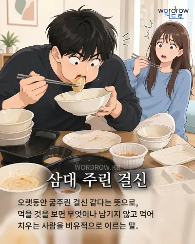 한국어 속담 “삼대 주린 걸신” 1컷 일러스트