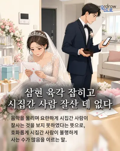 한국어 속담 “삼현 육각 잡히고 시집간 사람 잘산 데 없다” 1컷 일러스트