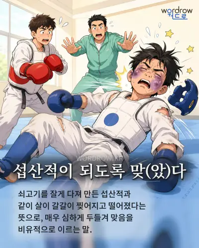 한국어 속담 “섭산적이 되도록 맞(았)다” 1컷 일러스트