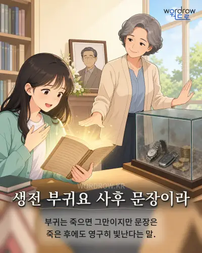 한국어 속담 “생전 부귀요 사후 문장이라” 1컷 일러스트