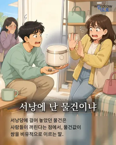 한국어 속담 “서낭에 난 물건이냐” 1컷 일러스트