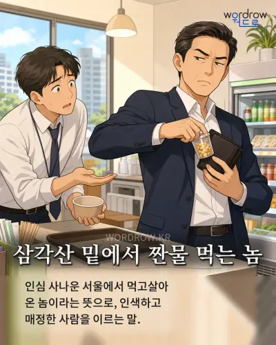 한국어 속담 “삼각산 밑에서 짠물 먹는 놈” 1컷 일러스트