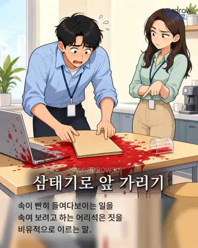 한국어 속담 “삼태기로 앞 가리기” 1컷 일러스트