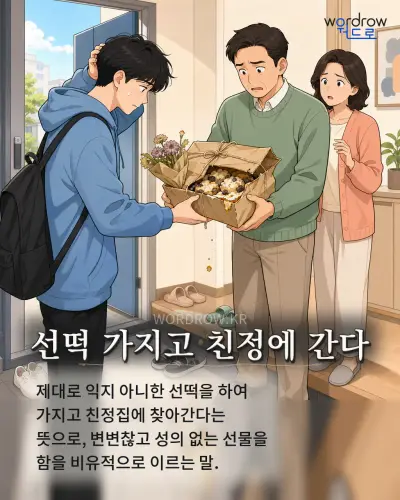 한국어 속담 “선떡 가지고 친정에 간다” 1컷 일러스트