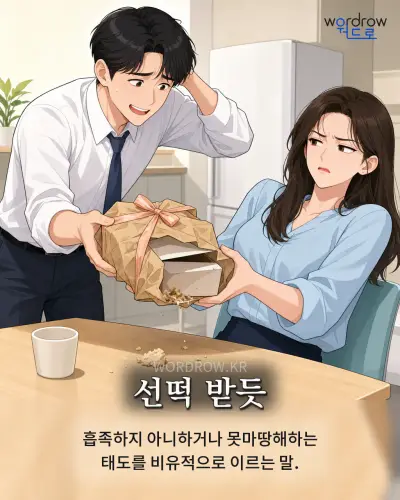 한국어 속담 “선떡 받듯” 1컷 일러스트
