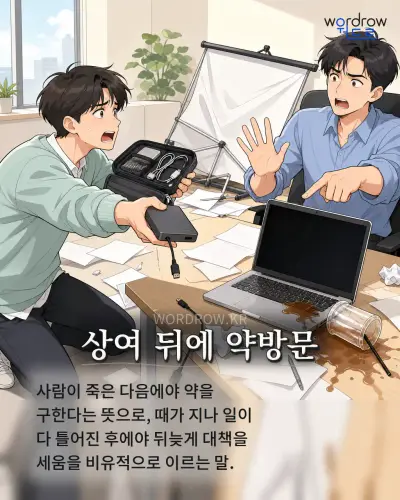 한국어 속담 “상여 뒤에 약방문” 1컷 일러스트