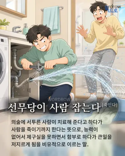 한국어 속담 “선무당이 사람 잡는다[죽인다]” 1컷 일러스트