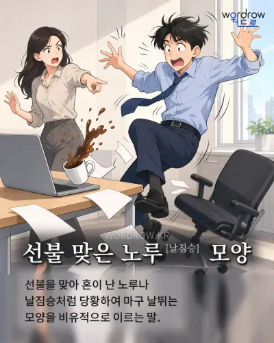 한국어 속담 “선불 맞은 노루[날짐승] 모양” 1컷 일러스트